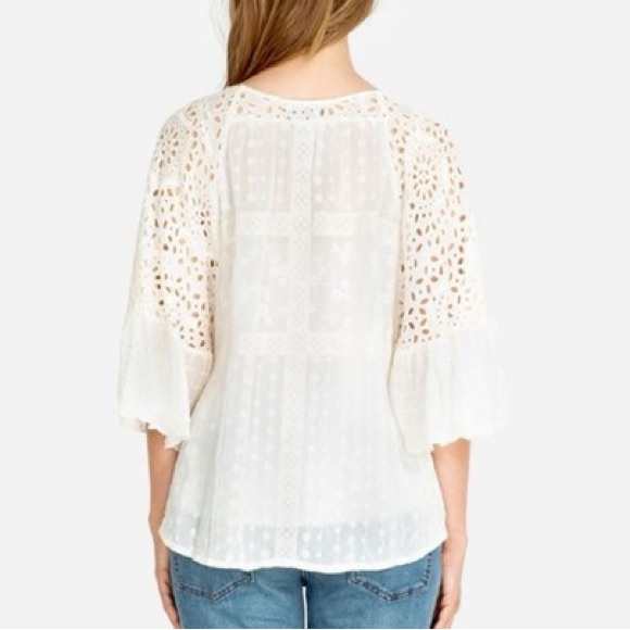 Johnny Was great shape eyelet embroidered cream ruffle sleeves plaid blouse top - Picture 8 of 8